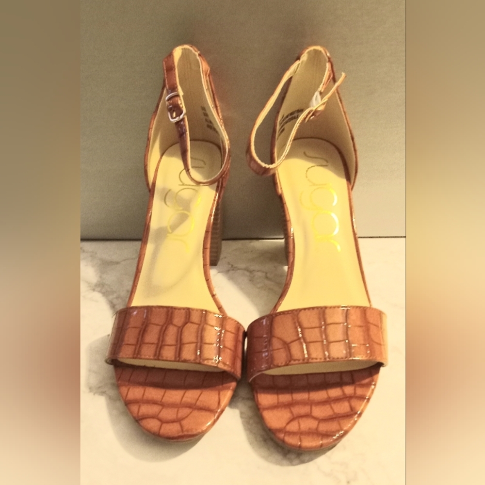 Sugar Women's Machelene Heels Sandals Size 8 1/2. Color: Cognac Patent Croc.